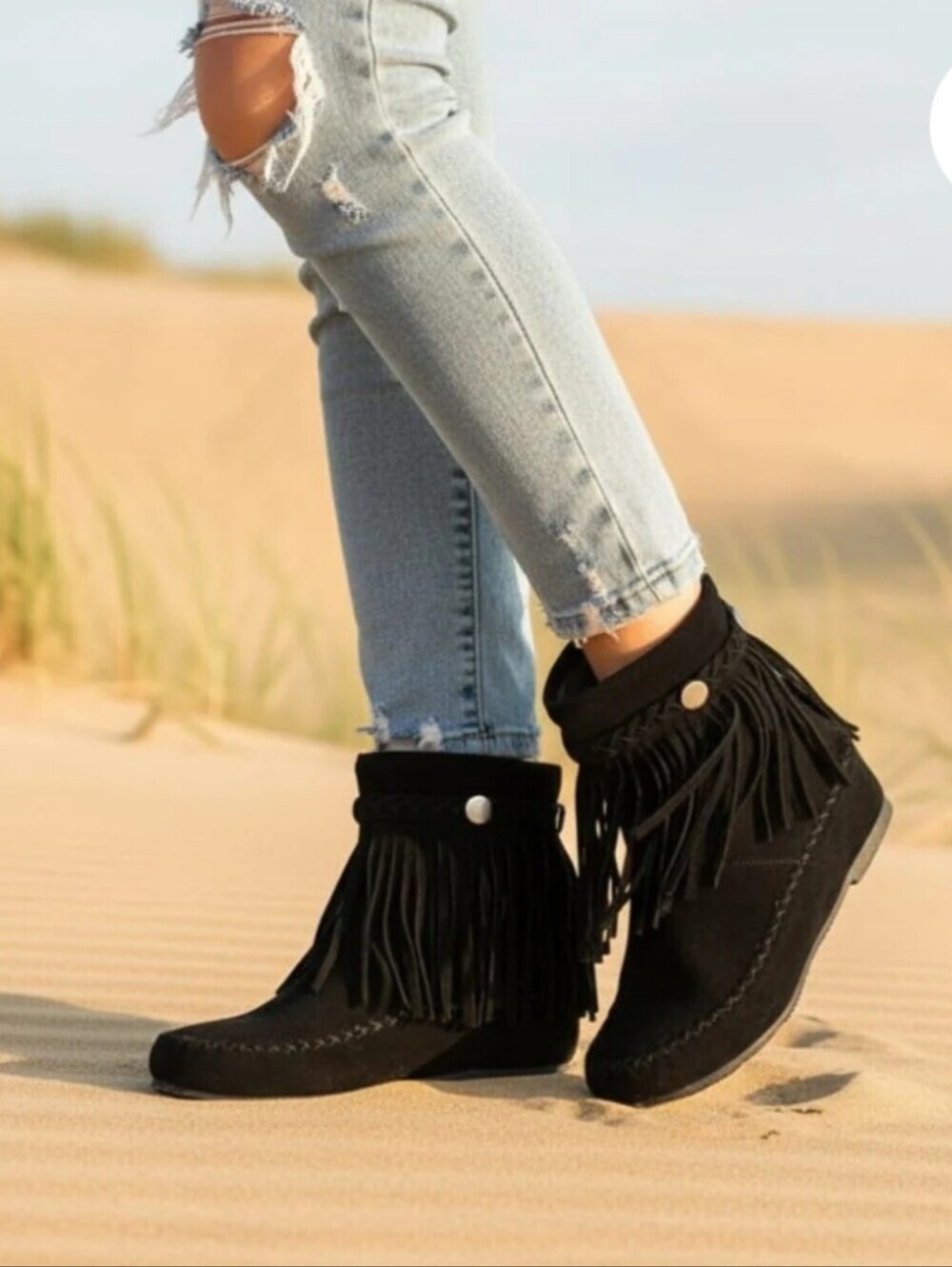 Minnetonka Black Fringe Moccasin Ankle Boots with Silver Studs